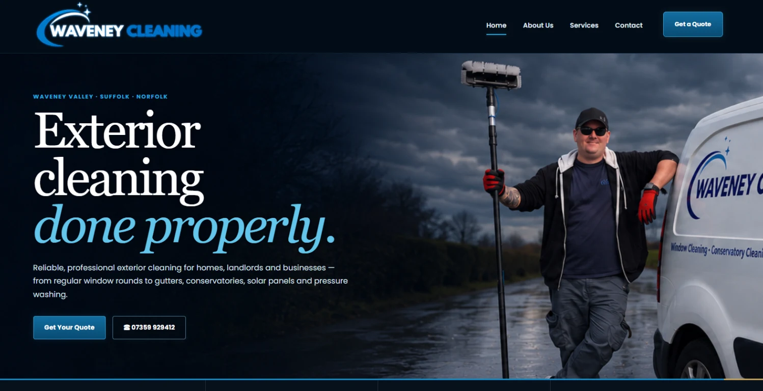 Waveney Cleaning homepage showing its dark blue exterior-cleaning website